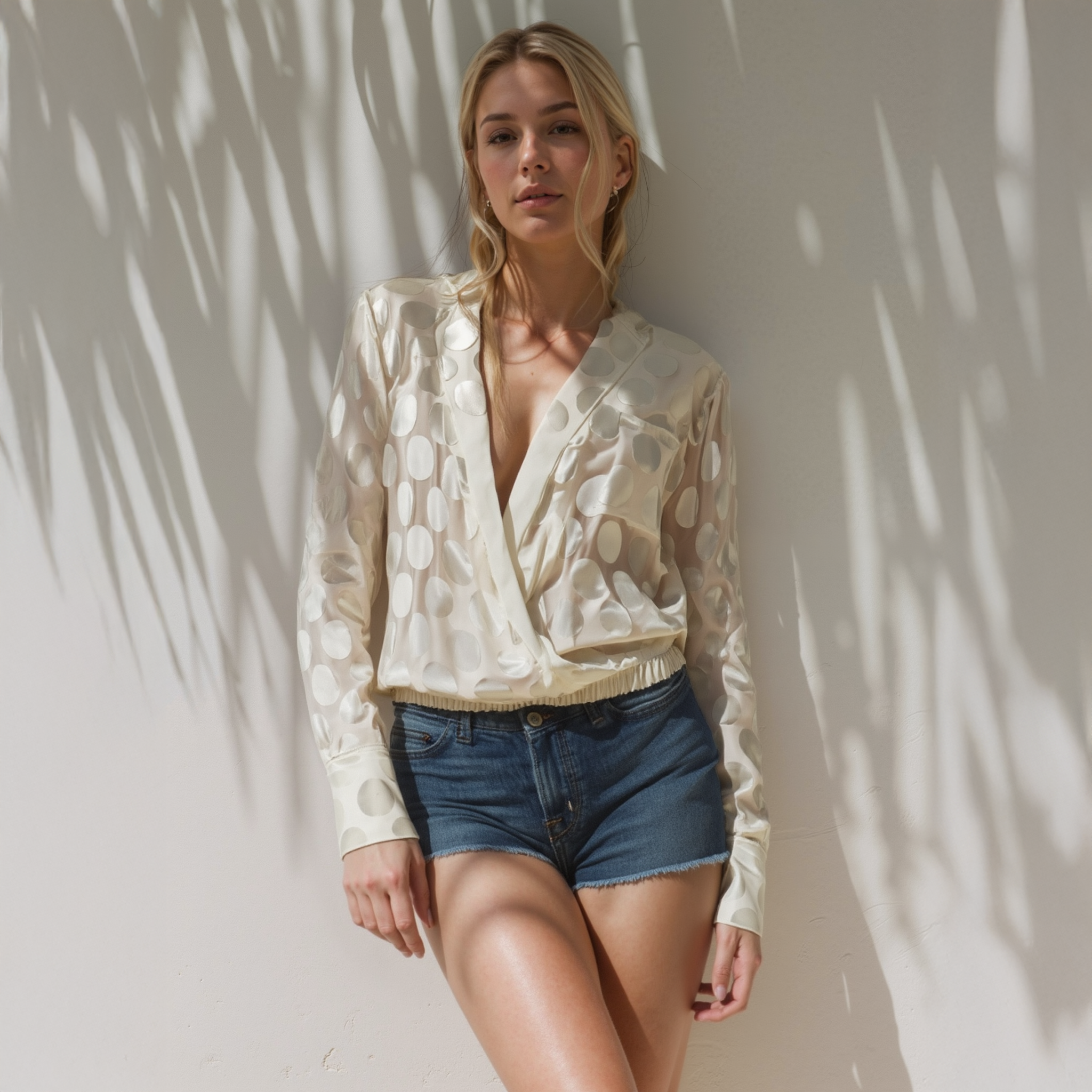 Woman wearing a patterned blouse and denim shorts against a light background