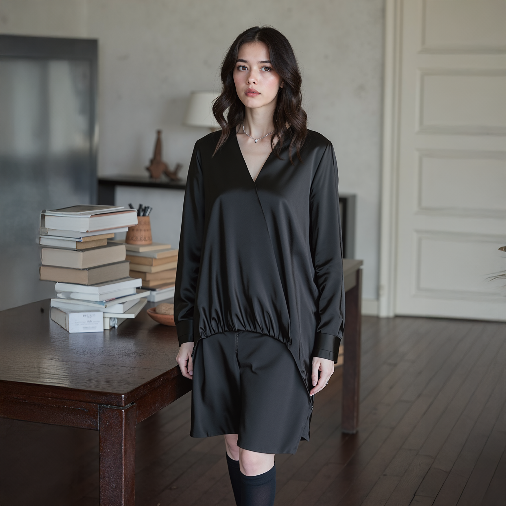 Woman in a black outfit standing in a room with a wooden table and books.