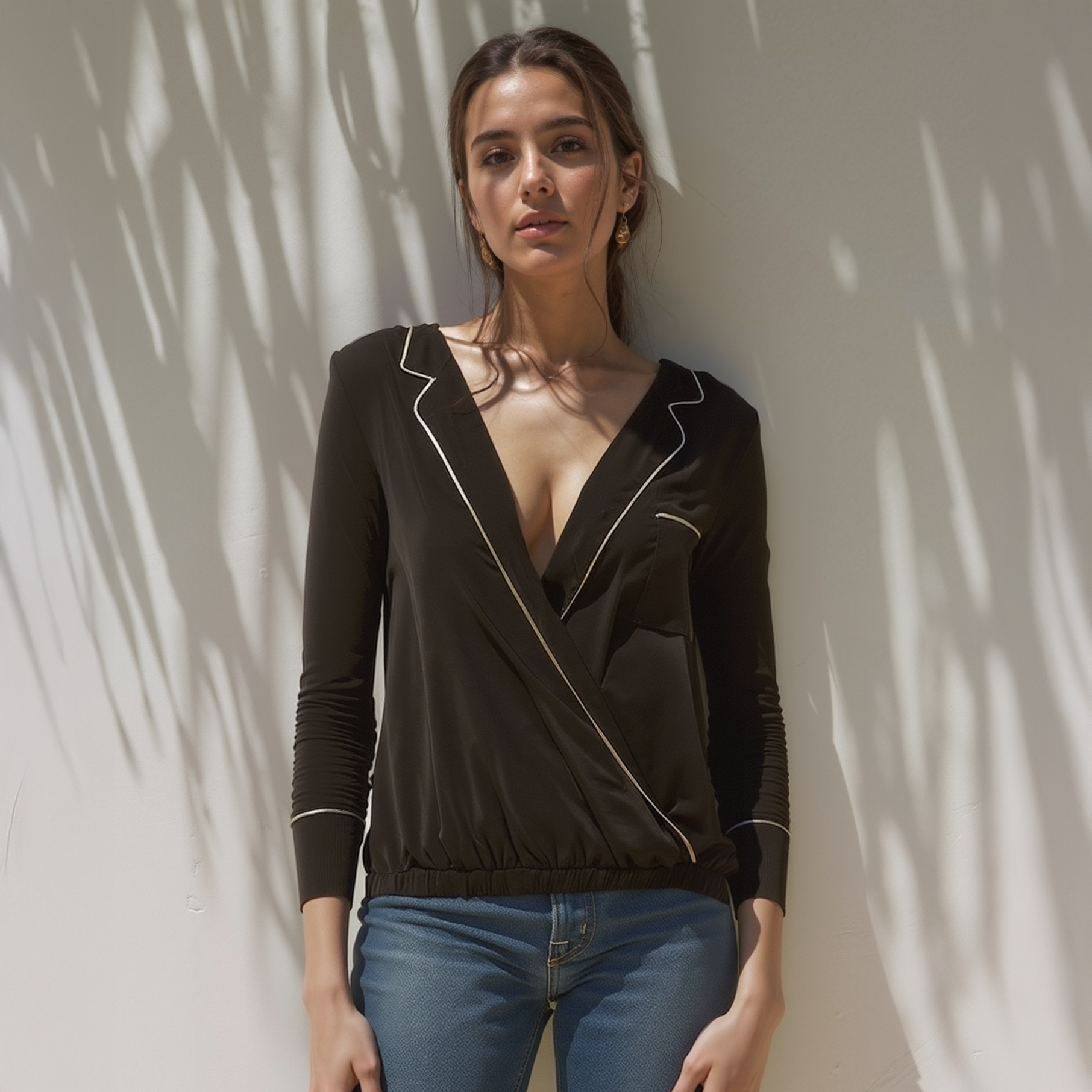 Woman wearing a black long-sleeve top with white piping and blue jeans against a light background