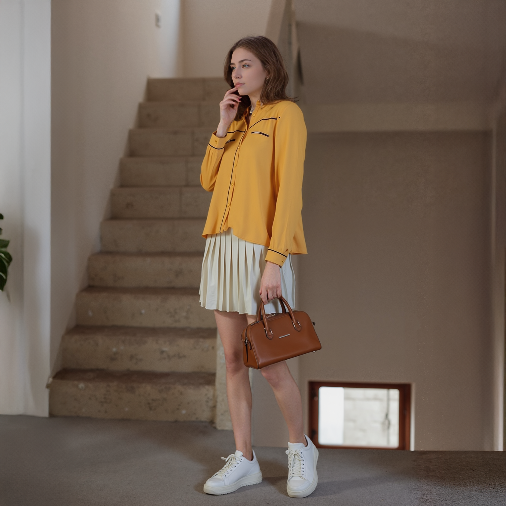 Woman in yellow blouse and white skirt holding a brown handbag in a neutral setting