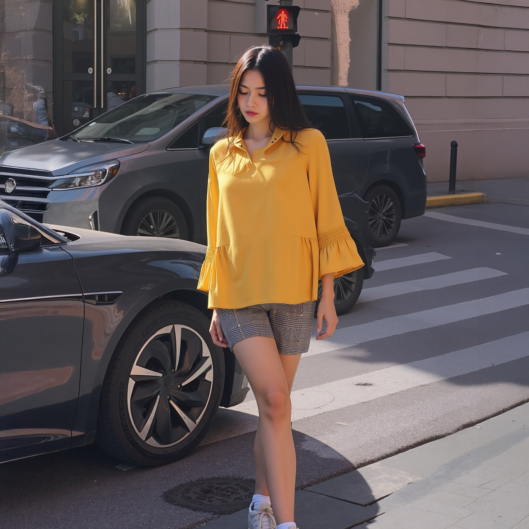 Pleione Women's Pleated Blouse With Bell Sleeve in Honey by Shop at Konus