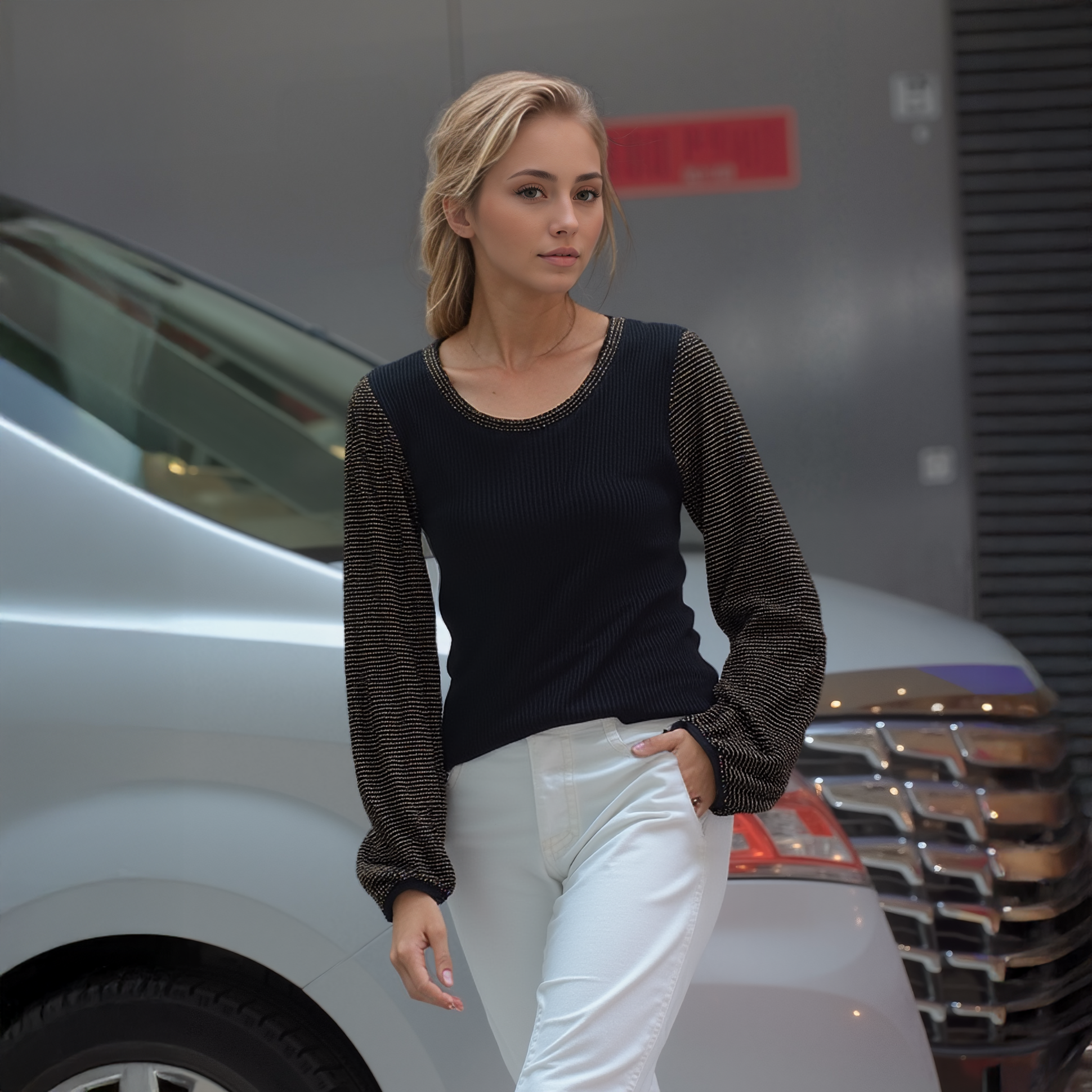 Woman standing next to a car with a blurred background