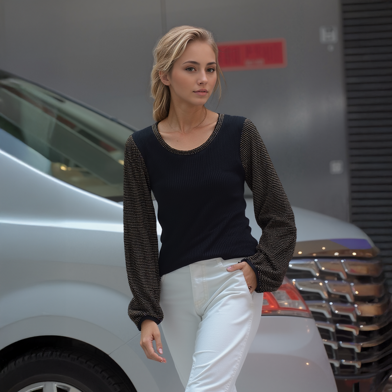 Woman standing next to a car with a blurred background