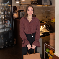 Pleione Women's Bell Cuff Button Down Shirt Blouse in Wallpaper by Shop at Konus