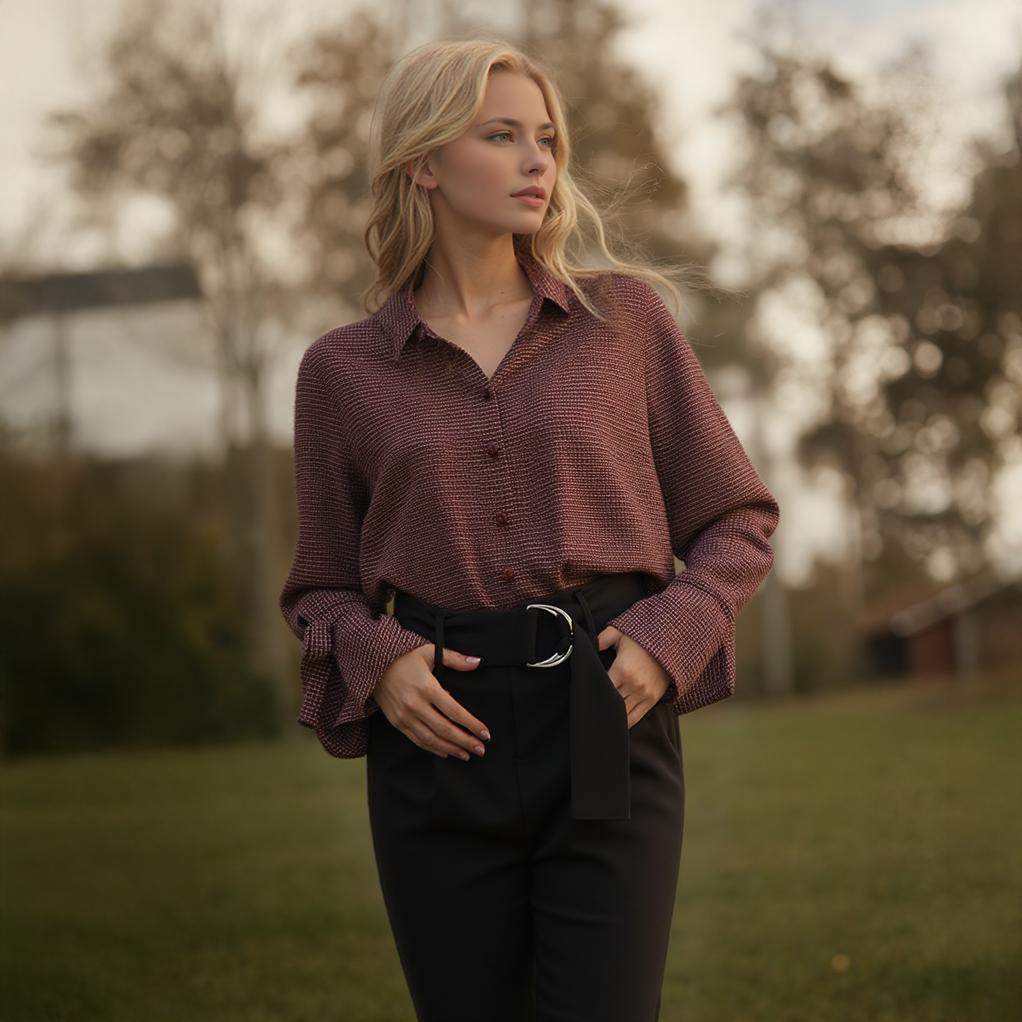 Woman wearing a red checkered shirt and black pants standing outdoors with trees in the background