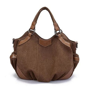 A brown canvas shoulder bag with leather accents and multiple compartments.