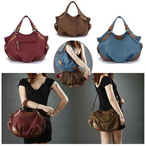 View of a woman showing different ways to carry Travel Town Canvas Shoulder Bag
