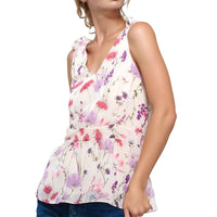 Pleione V-Neck Peplum Tank Floral Blouse In Pink