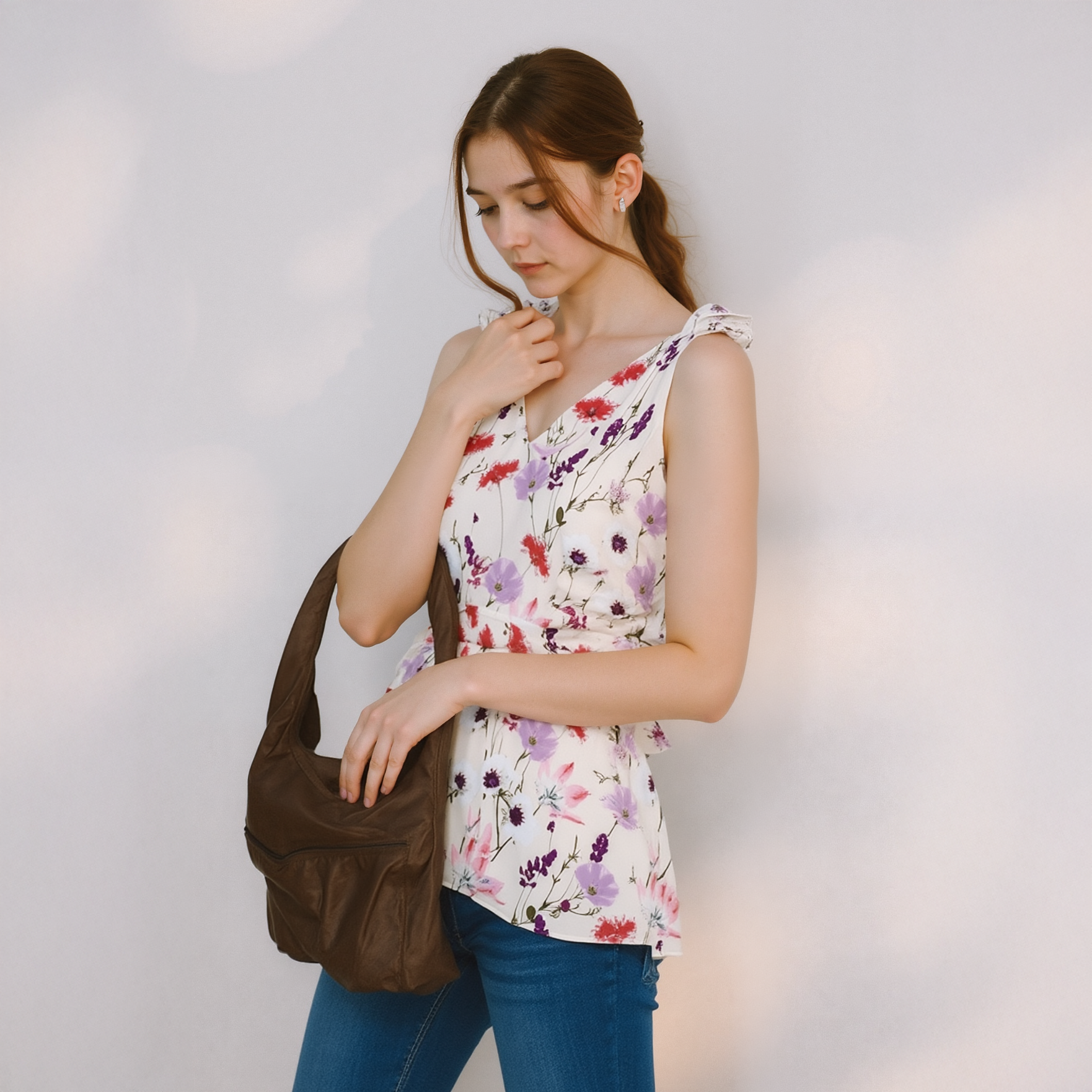Pleione V-Neck Peplum Tank Floral Blouse In Pink