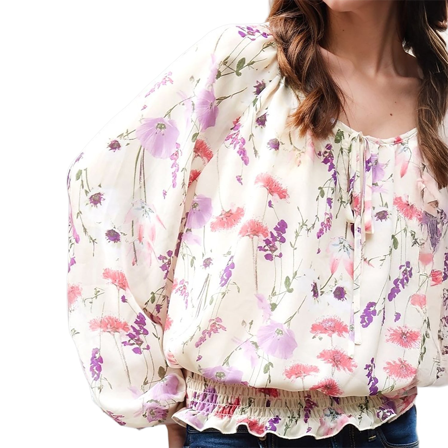 Pleione Women's Smocked Waist Tie Neck Blouse In Pink