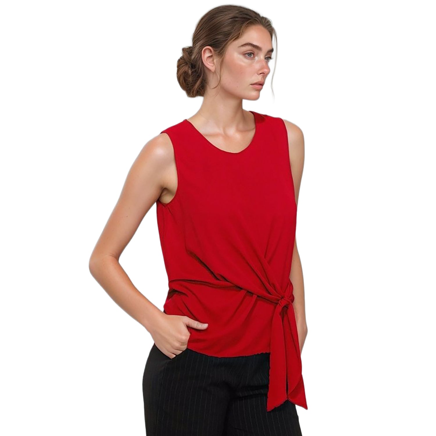 Pleione Women's Round Neck Tie Front Sleeveless Blouse