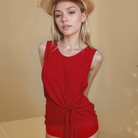 Pleione Women's Round Neck Tie Front Sleeveless Blouse