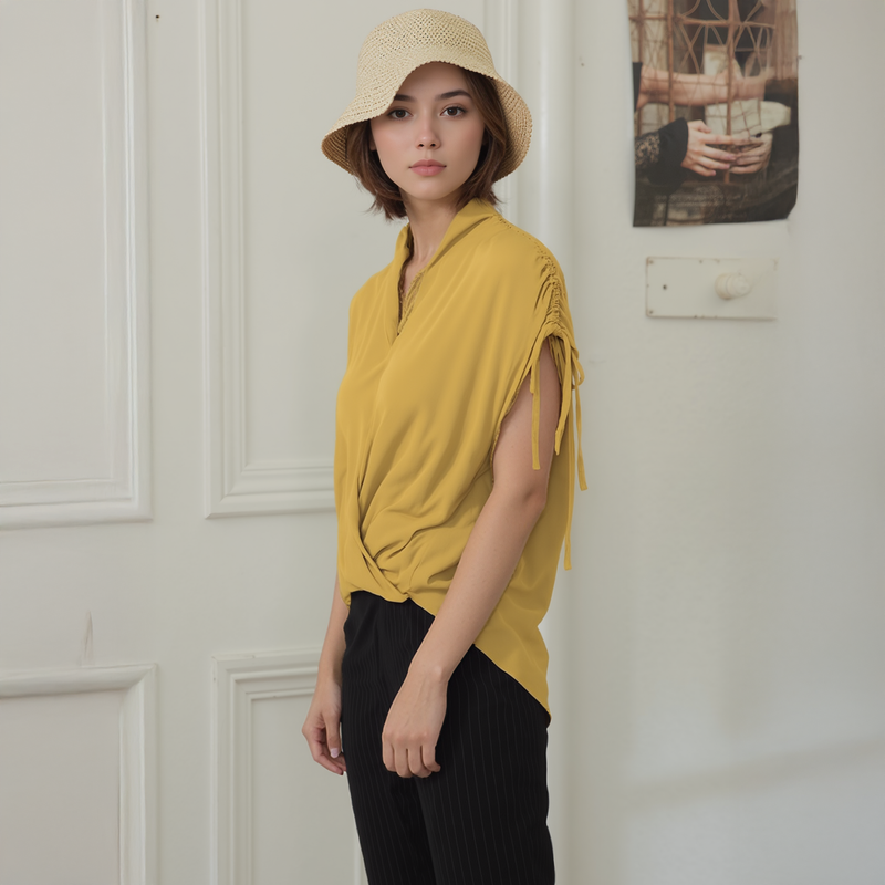 Pleione Women's Wrap Front Tie Sleeve Blouse