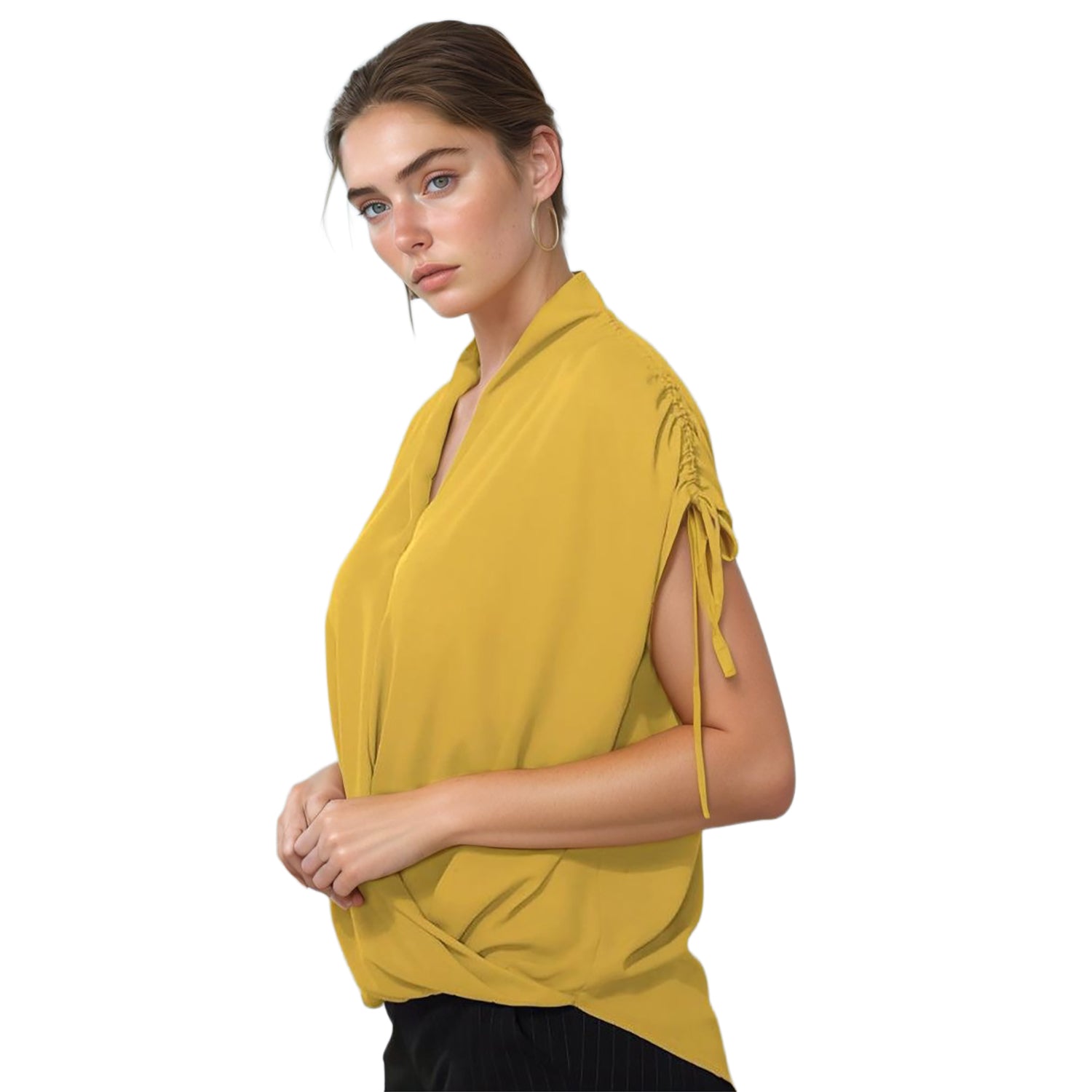 Pleione Women's Wrap Front Tie Sleeve Blouse