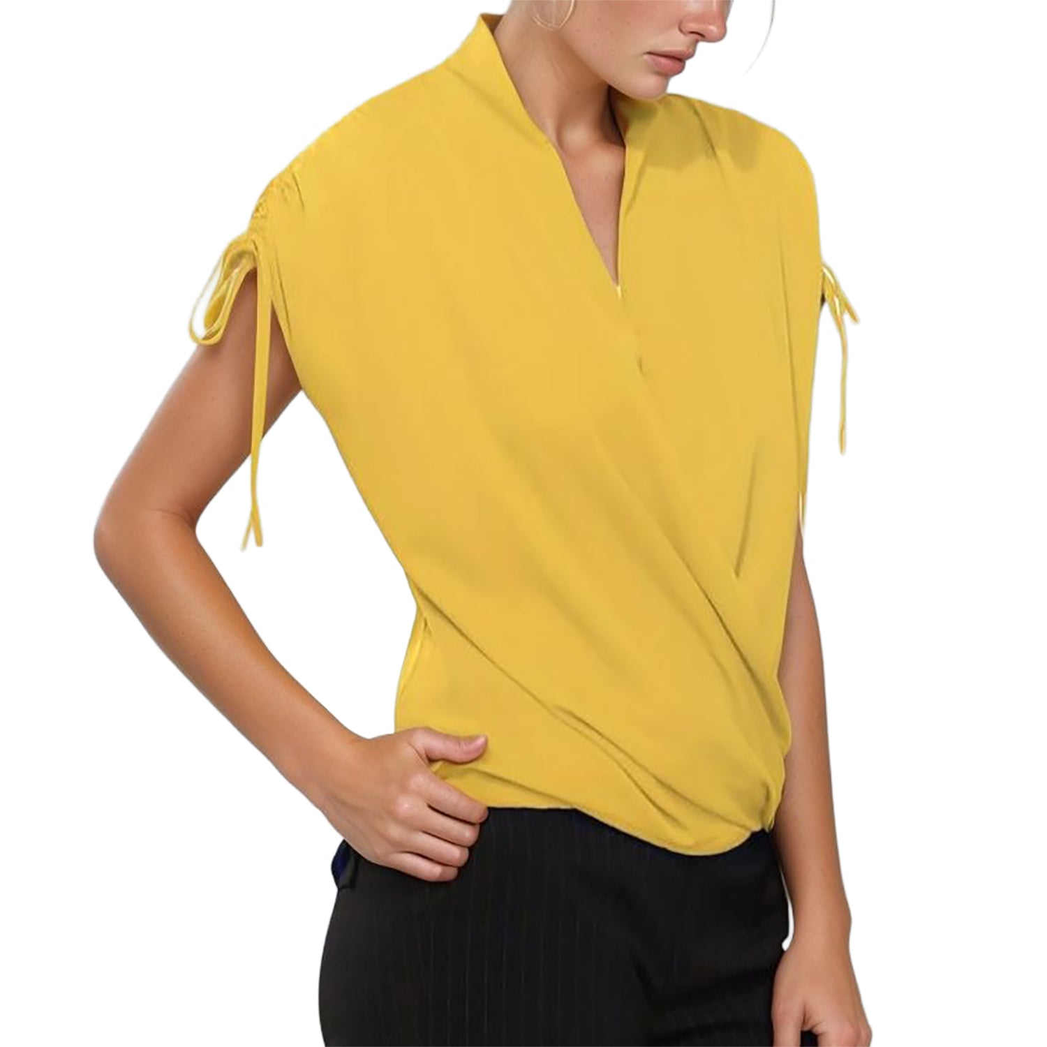 Pleione Women's Wrap Front Tie Sleeve Blouse
