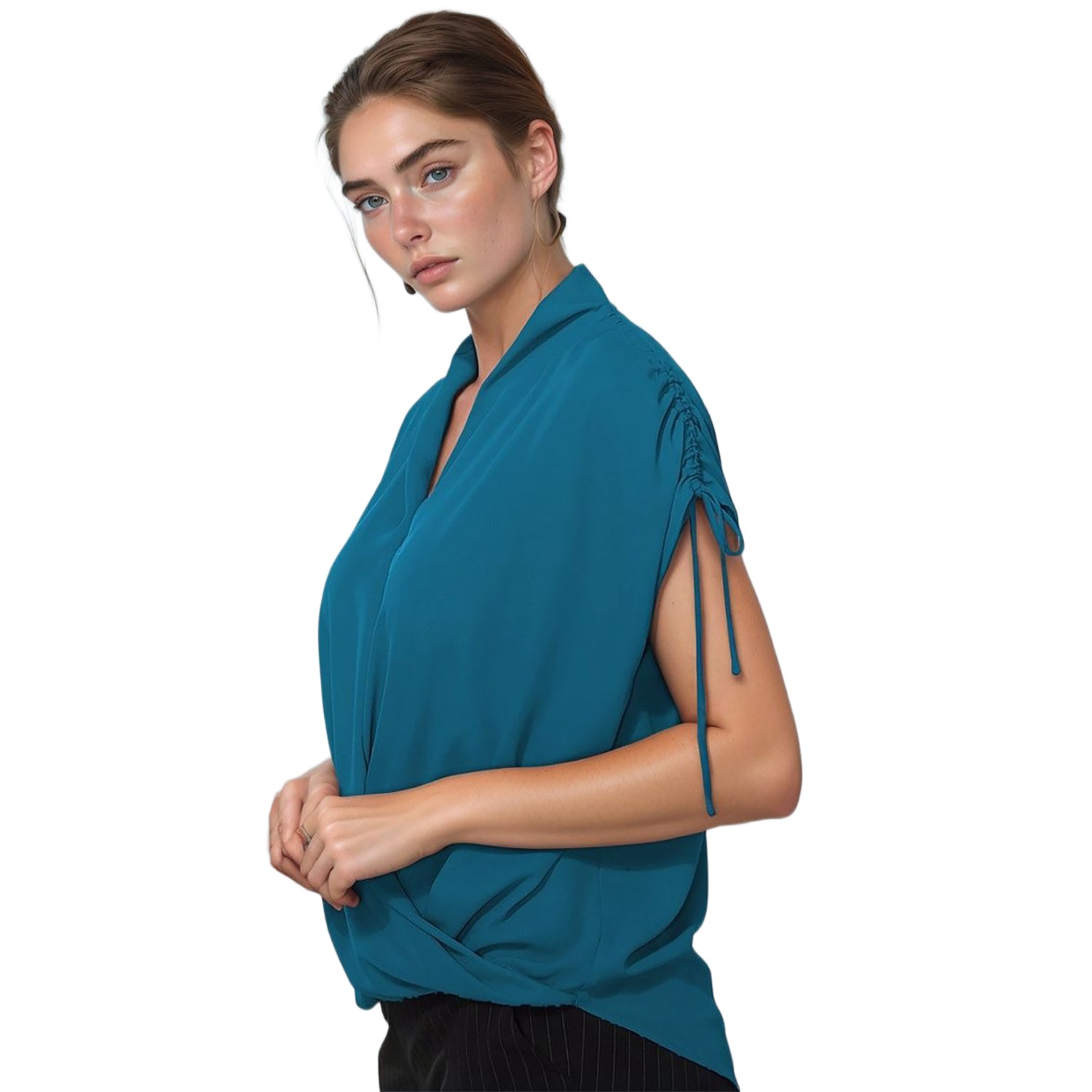 Pleione Women's Wrap Front Tie Sleeve Blouse