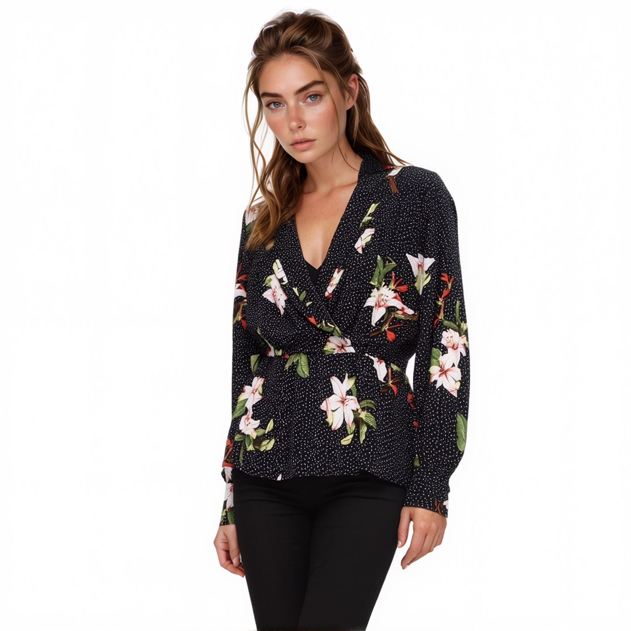 N/A Pleione Wrap Front Peplum Blouse Top