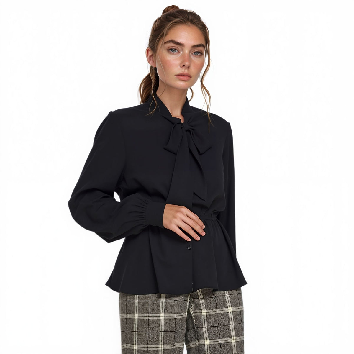 N/A Pleione Tie Neck Button Down Peplum Blouse in Black