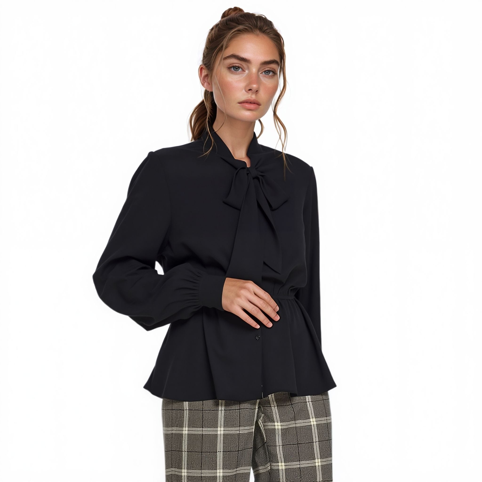 N/A Pleione Tie Neck Button Down Peplum Blouse in Black