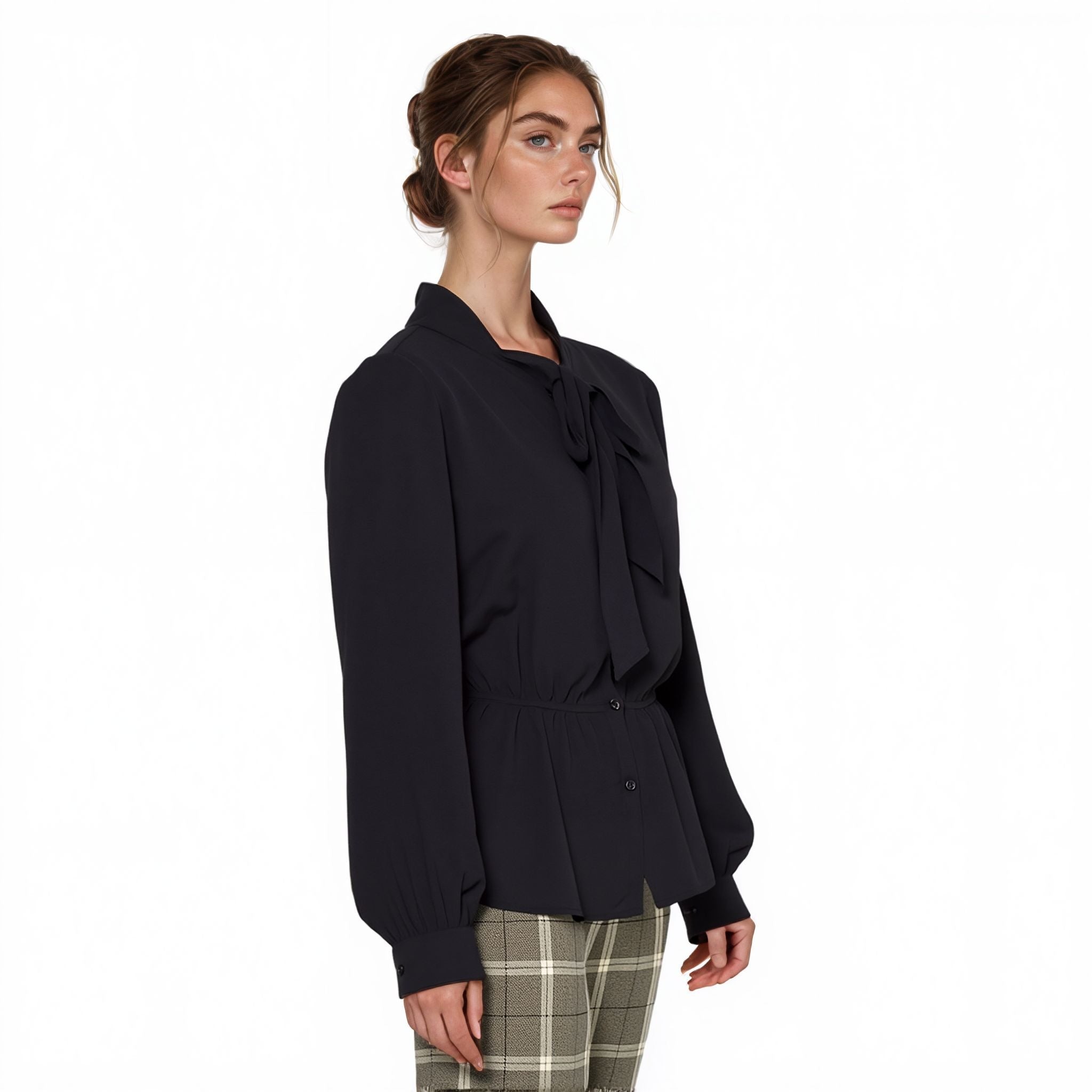 N/A Pleione Tie Neck Button Down Peplum Blouse in Black