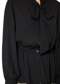 N/A Pleione Tie Neck Button Down Peplum Blouse in Black