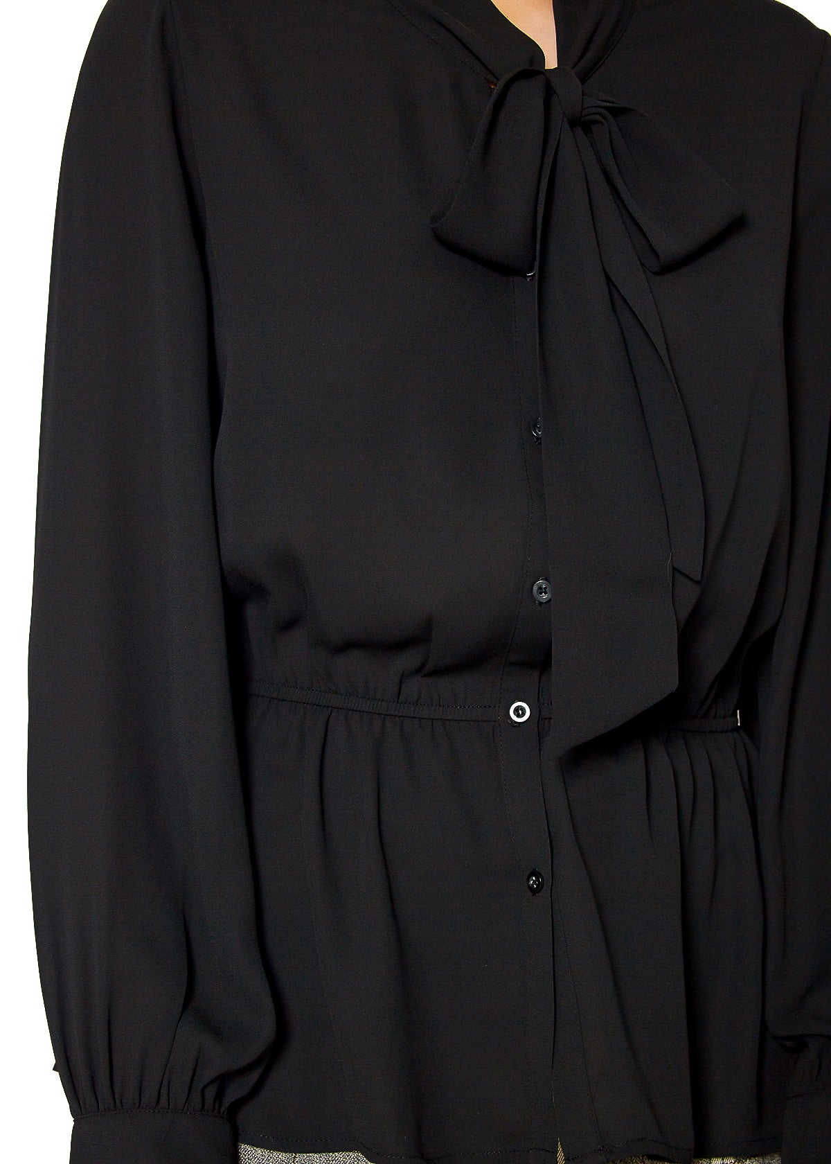 N/A Pleione Tie Neck Button Down Peplum Blouse in Black