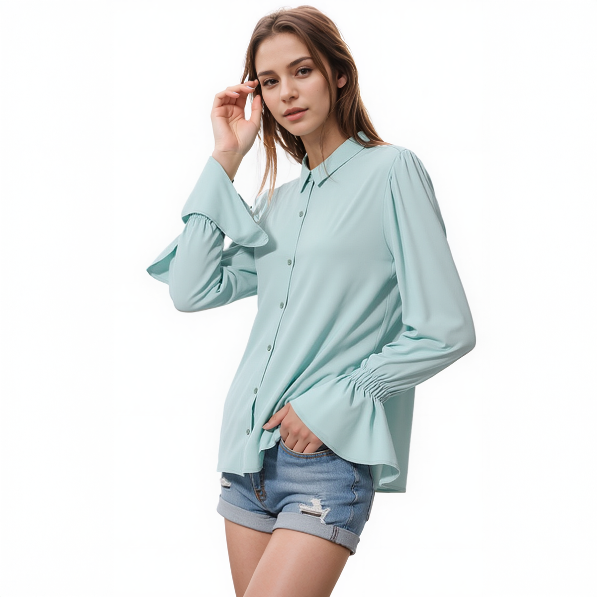 Pleione Self-tie Bell Cuff Button Down Shirt Blouse