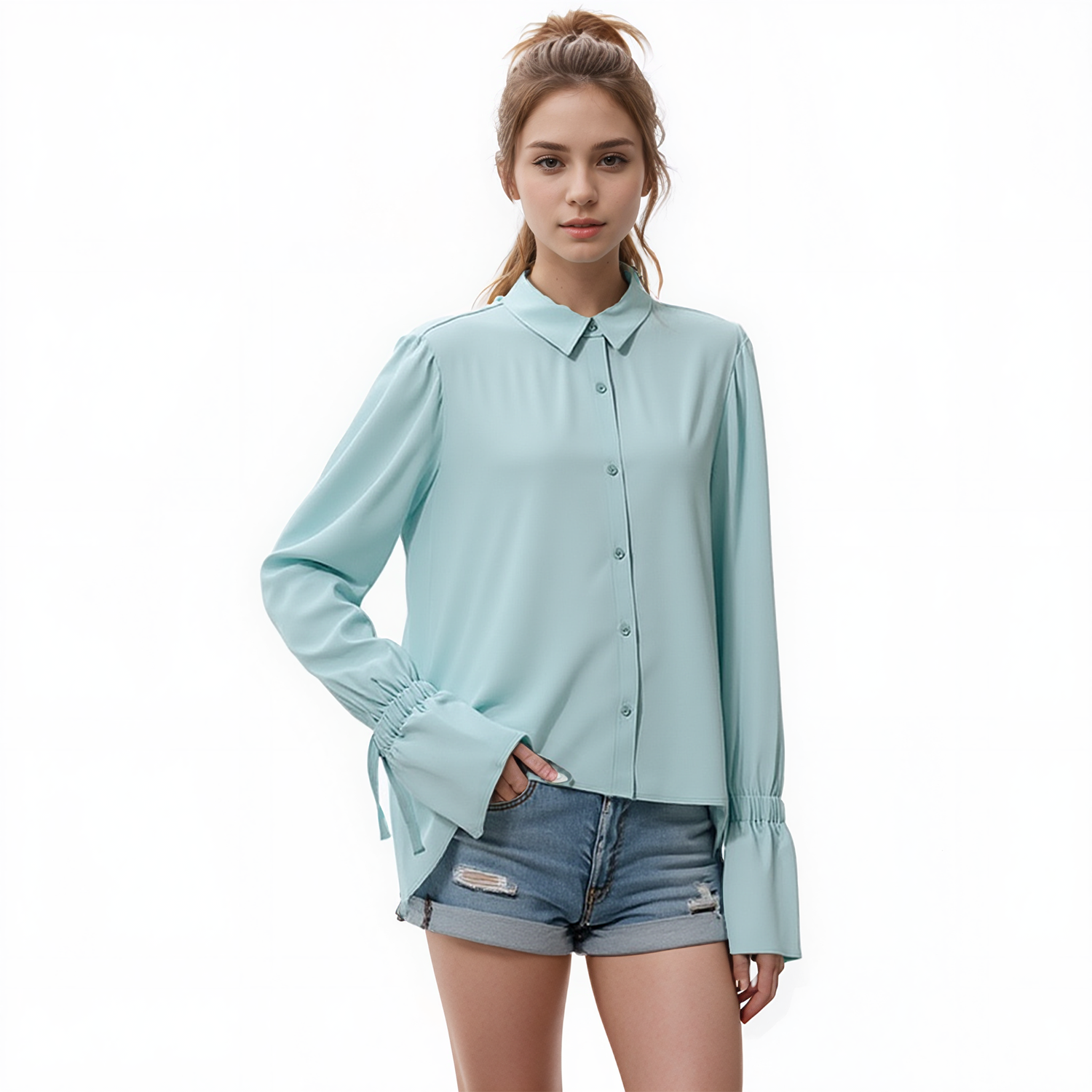 Pleione Self-tie Bell Cuff Button Down Shirt Blouse