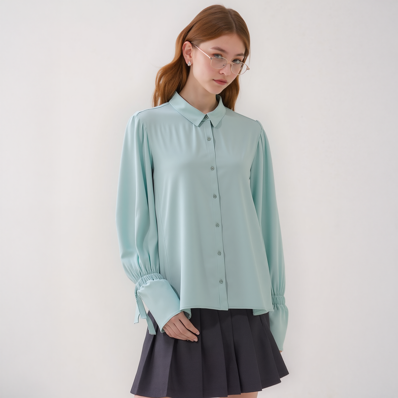 Pleione Self-tie Bell Cuff Button Down Shirt Blouse