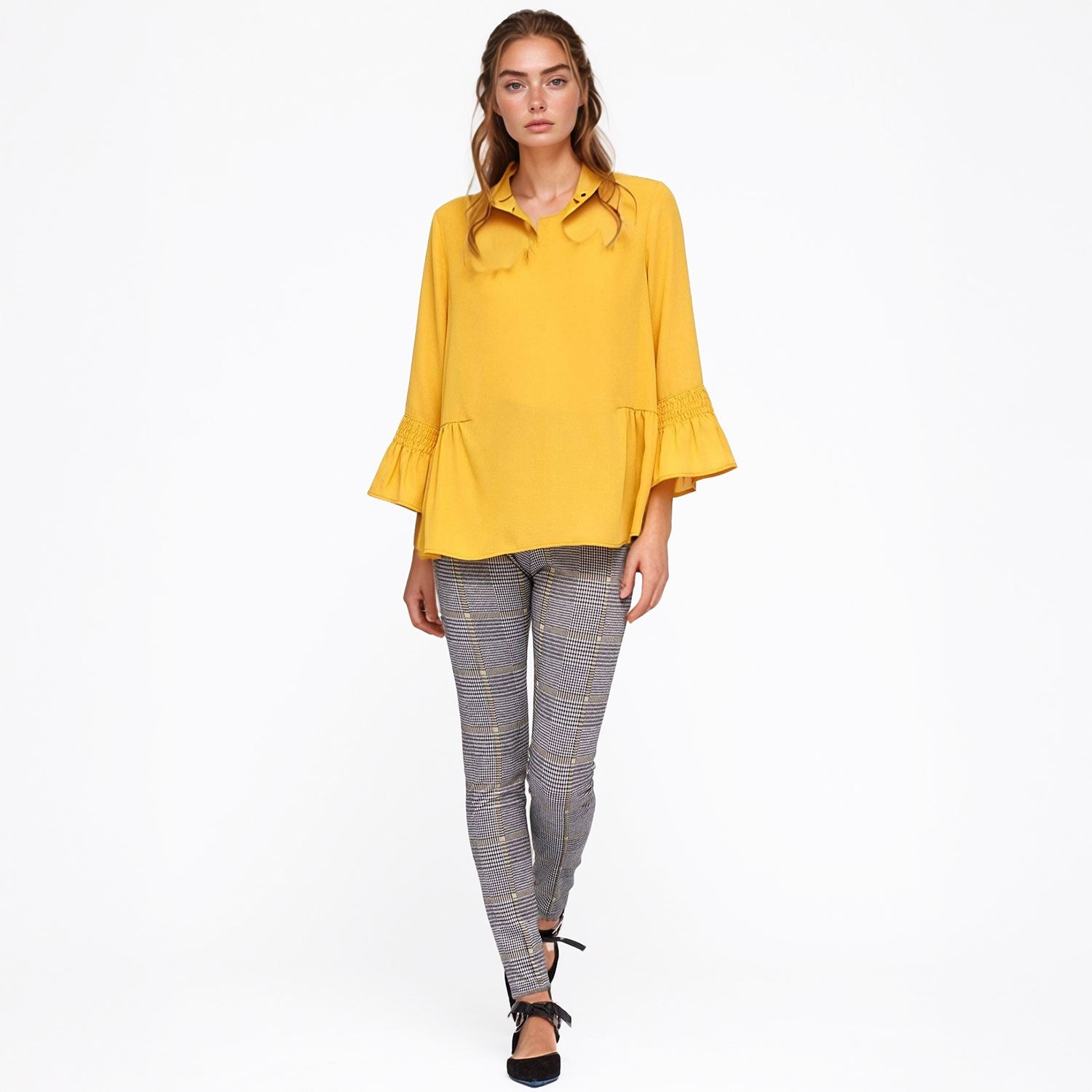Pleione Women's Pleated Blouse With Bell Sleeve in Honey