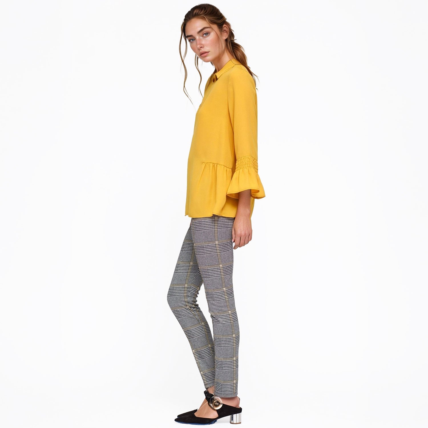 Pleione Women's Pleated Blouse With Bell Sleeve in Honey