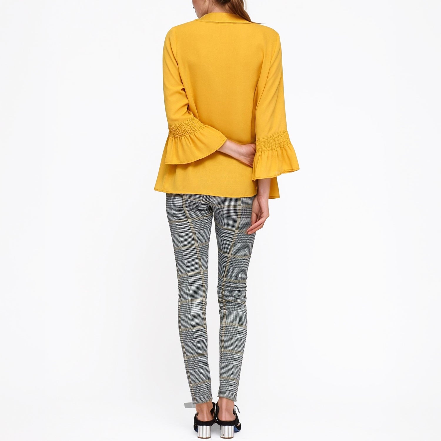 Pleione Women's Pleated Blouse With Bell Sleeve in Honey