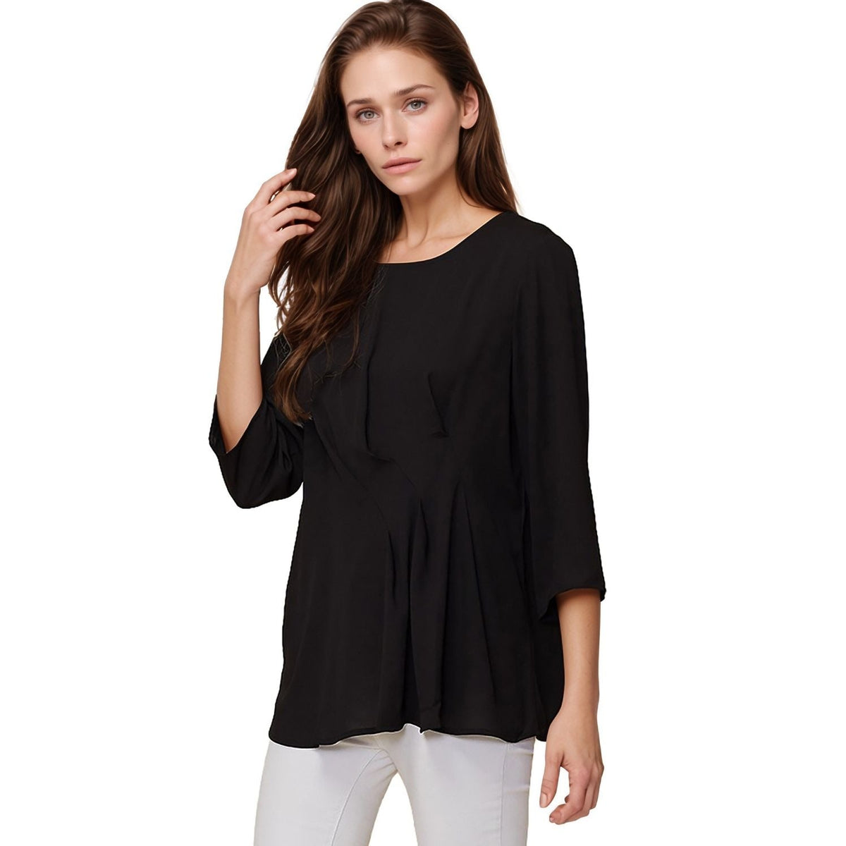 Pleione Women's 3/4 Sleeve Pleated Blouse Top in Black