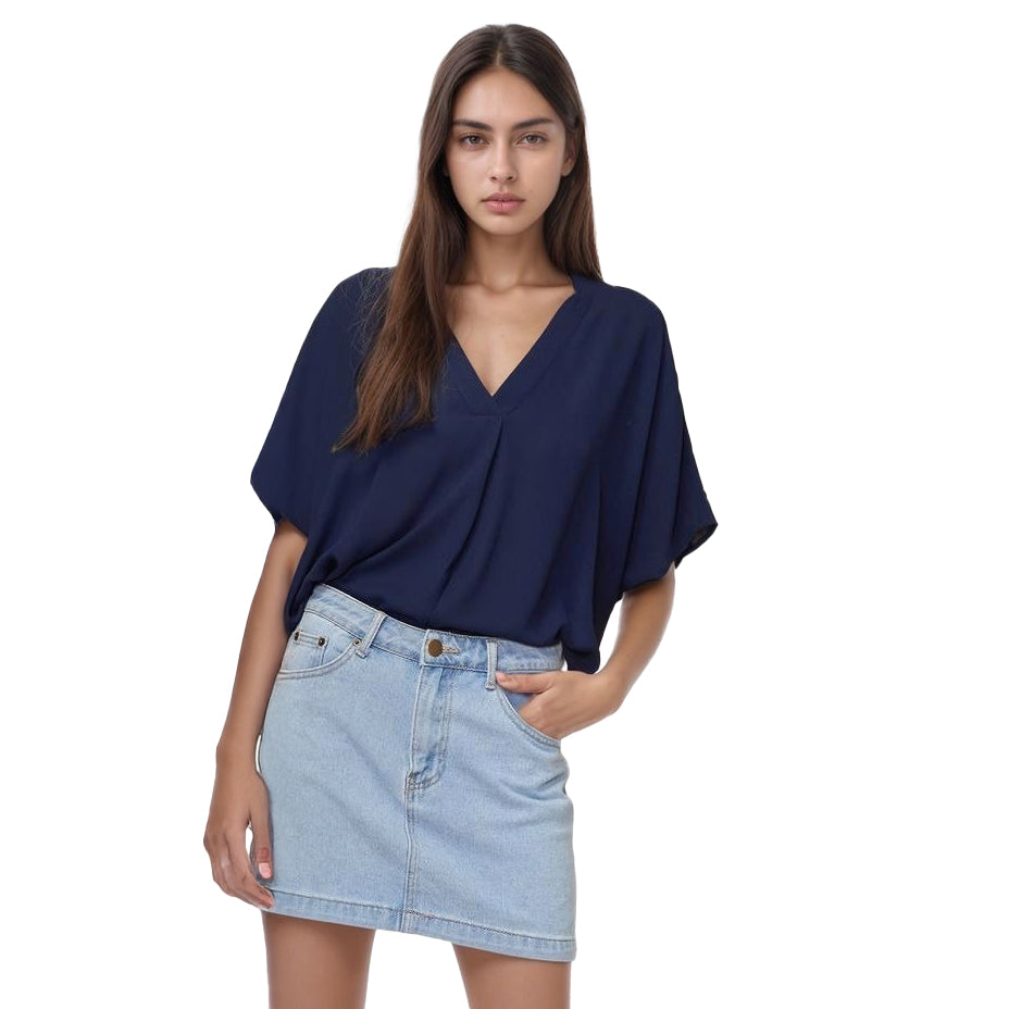 Pleione Hi-Lo Dolman Short Sleeve V-neck Blouse