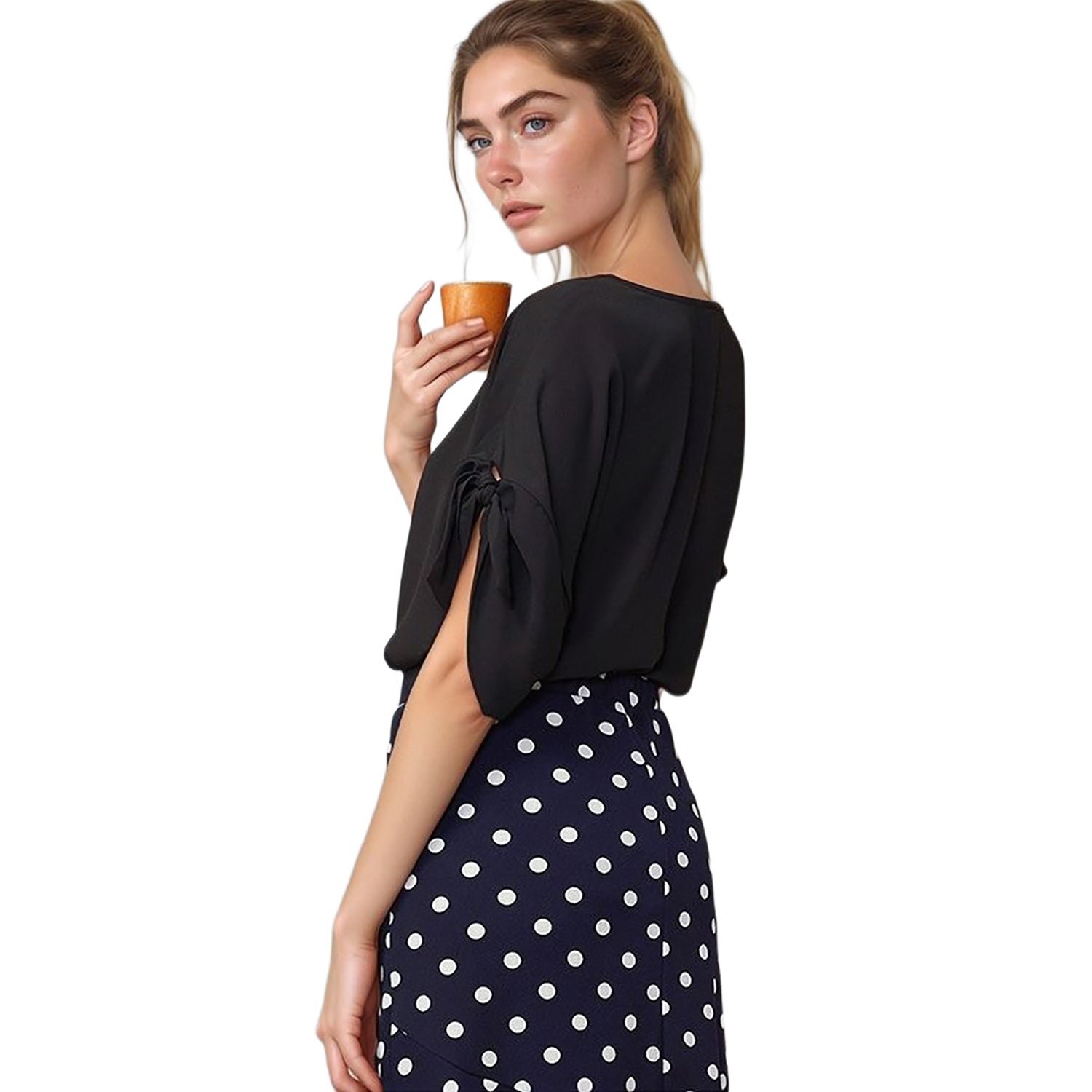 Pleione Round Neck Self-tie Short Sleeve Top