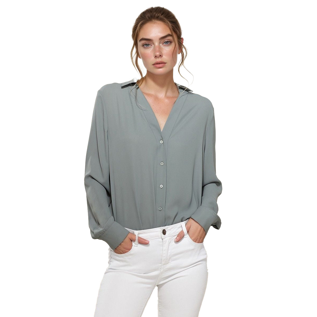 Pleione V-Neck Front Placket Long Sleeve Blouse