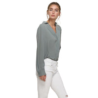 Pleione V-Neck Front Placket Long Sleeve Blouse