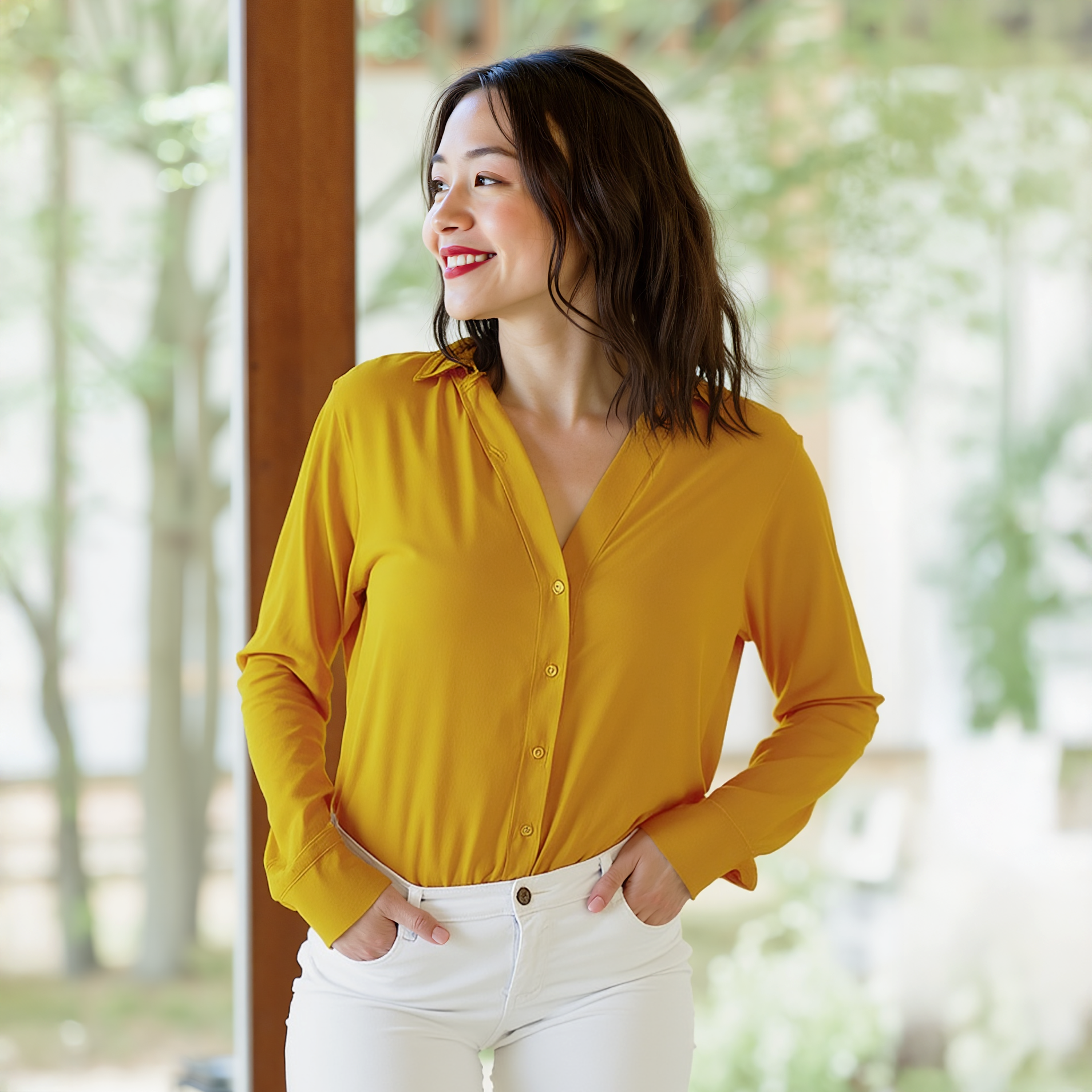 Pleione V-Neck Front Placket Long Sleeve Blouse