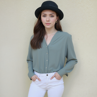 Pleione V-Neck Front Placket Long Sleeve Blouse