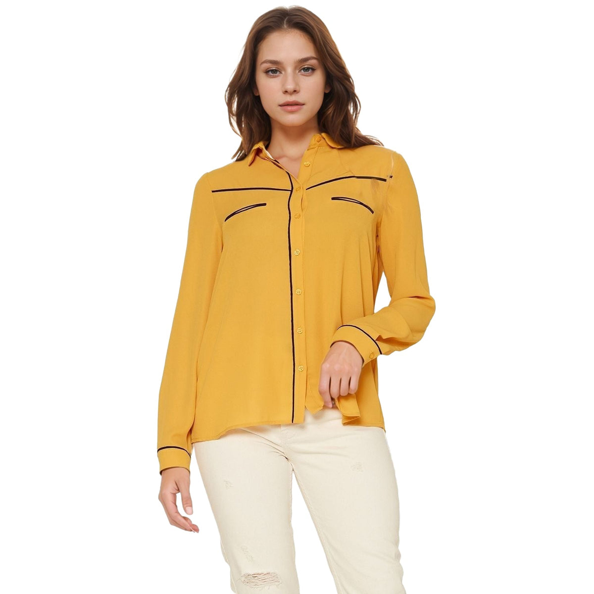 Pleione Women's Rounded Collar Button Down Shirt Blouse in Honey