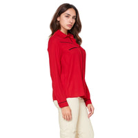 Pleione Women's Rounded Collar Button Down Shirt Blouse in Red