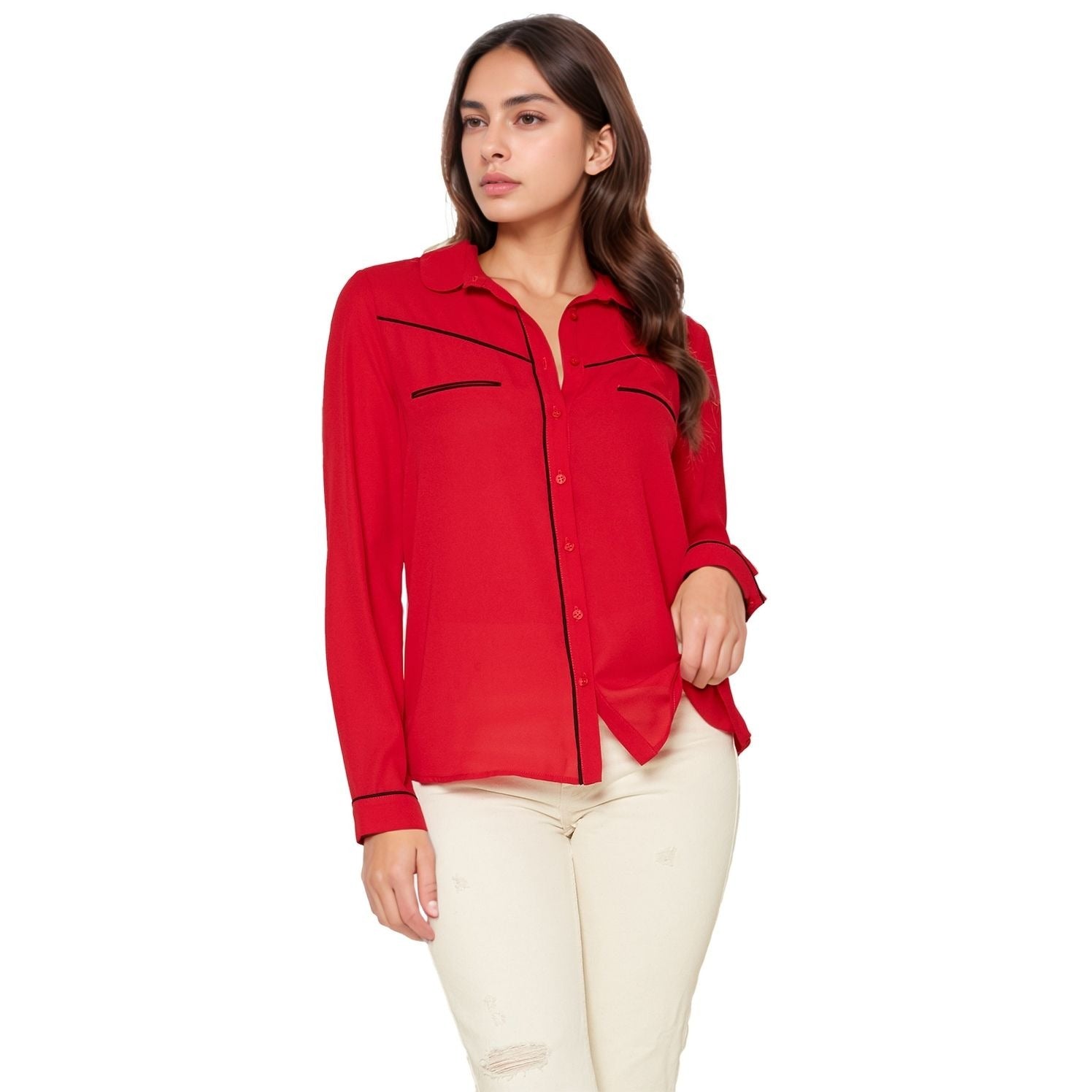 Pleione Women's Rounded Collar Button Down Shirt Blouse in Red