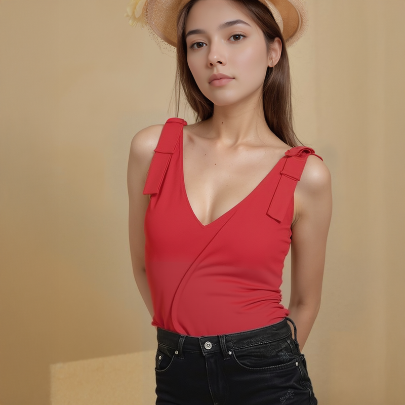 Pleione Women's V-Neck Bow Tie Shoulder Cami Blouse