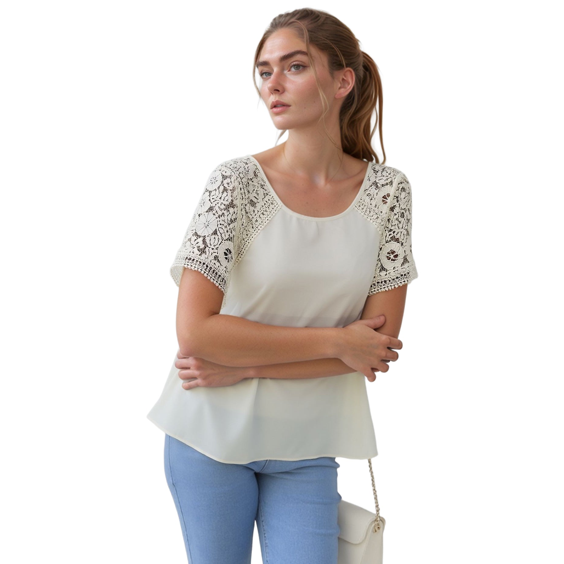 Pleione Women's Lace Sleeve Blouse