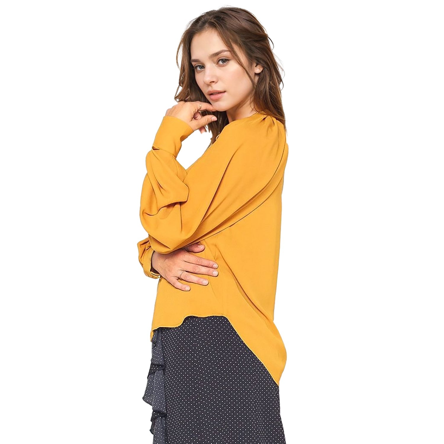Pleione Gathered Shoulder Blouse in Mustard
