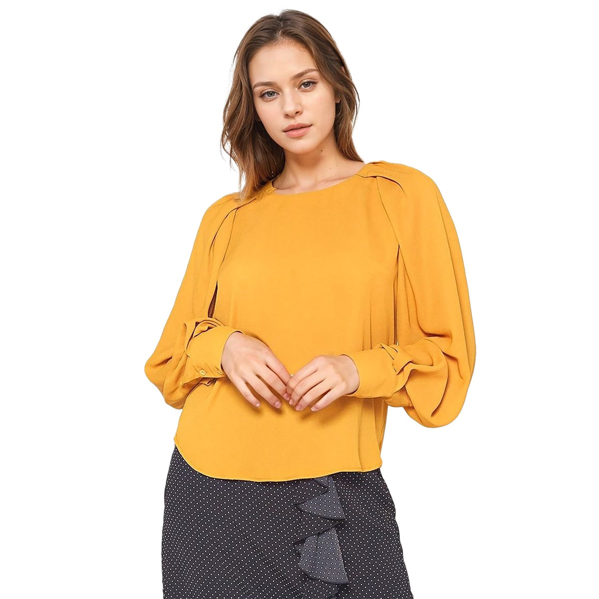 Pleione Gathered Shoulder Blouse in Mustard