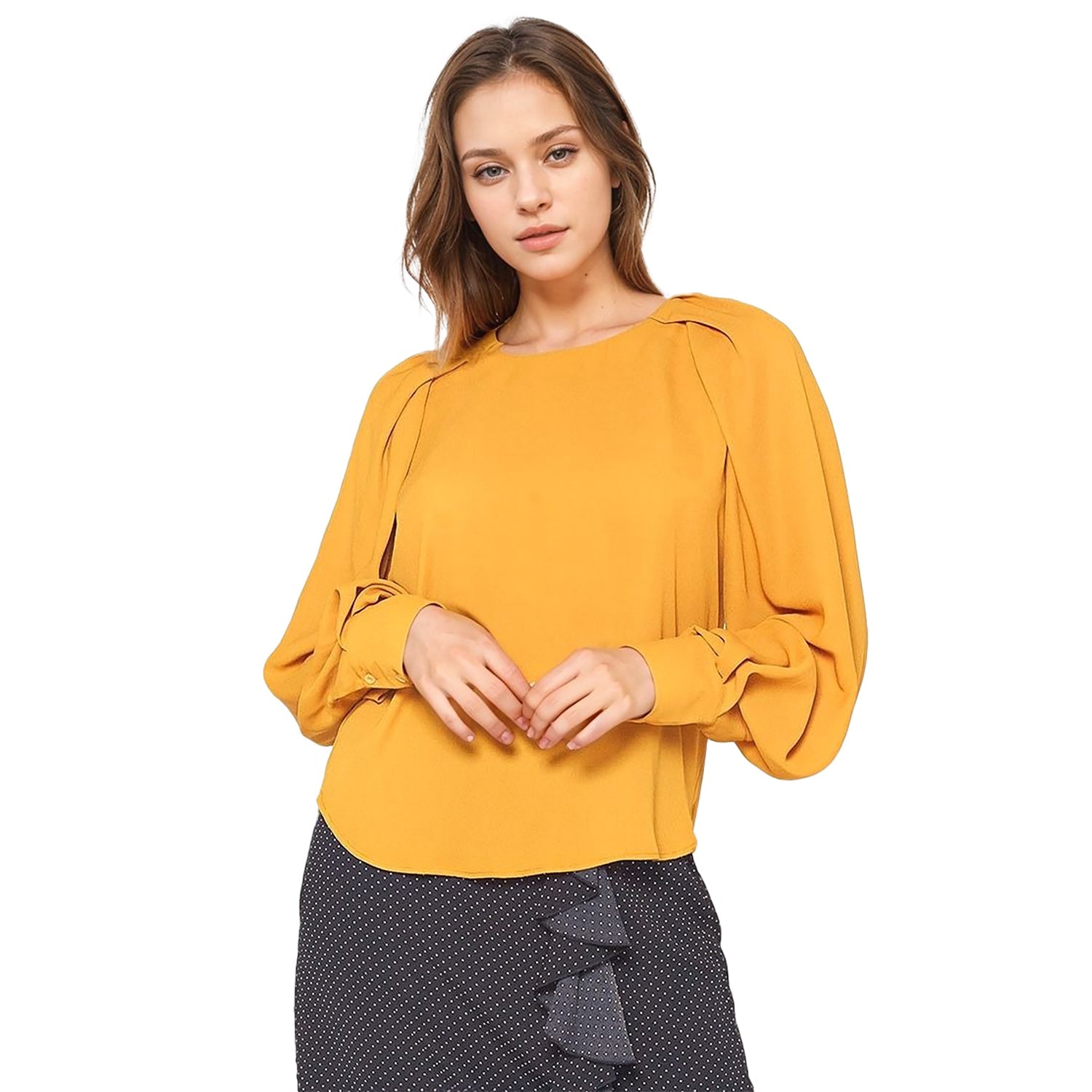 Pleione Gathered Shoulder Blouse in Mustard