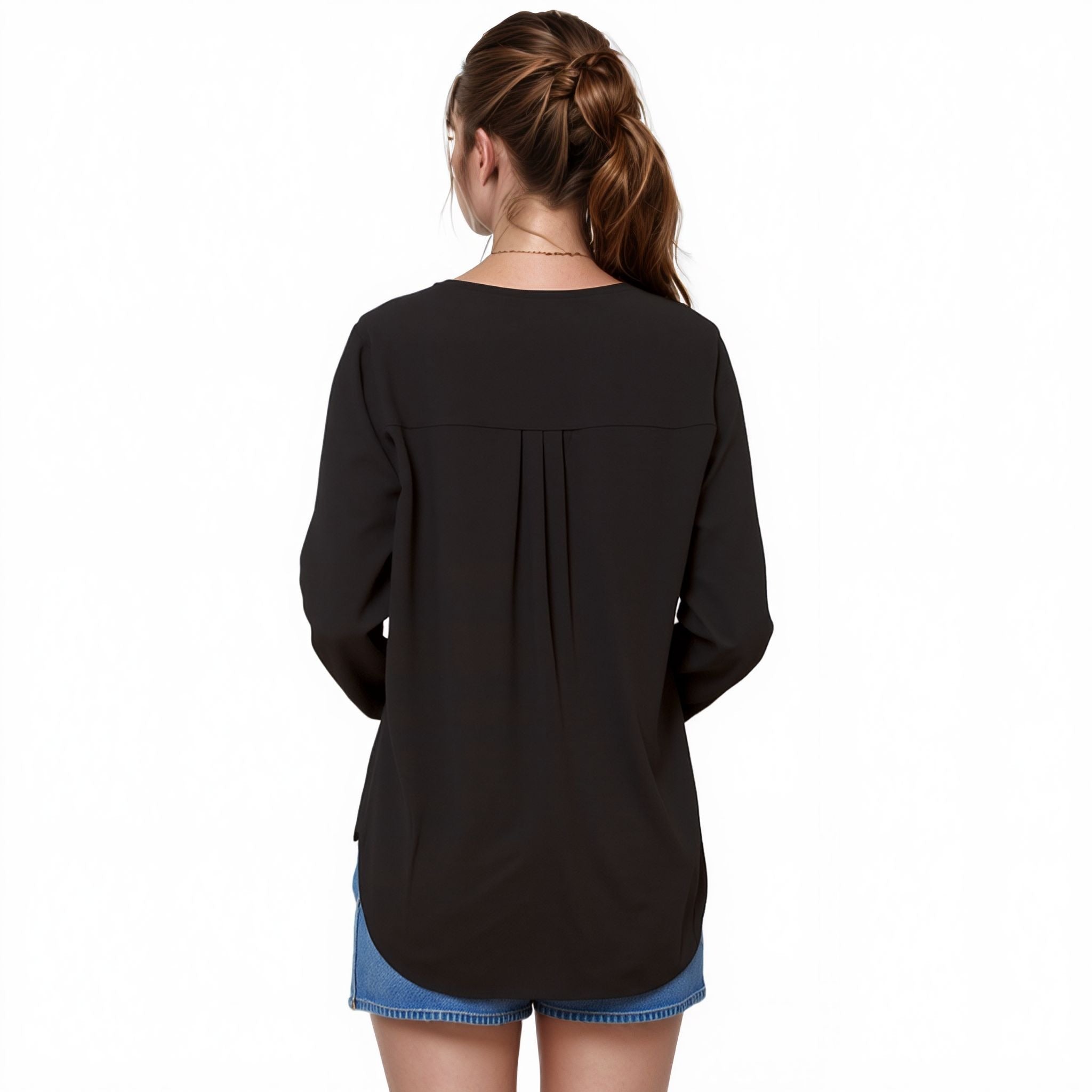 N/A Pleione Solid V-Neck Smock Wrist Blouse in Black (FIND)