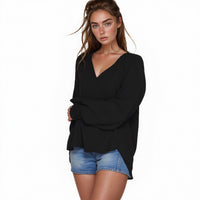 N/A Pleione Solid V-Neck Smock Wrist Blouse in Black (FIND)