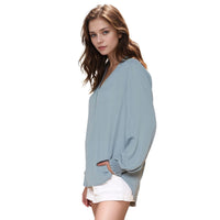 N/A Pleione Solid V-Neck Smock Wrist Blouse in Caspian Blue (FIND)